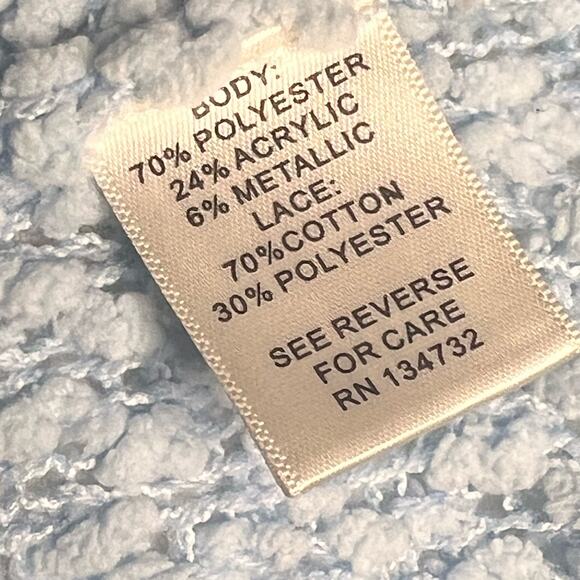 Allie Rob Size Medium Baby Blue Popcorn Chenille Tunic Sweater Lace Hem - Picture 7 of 7